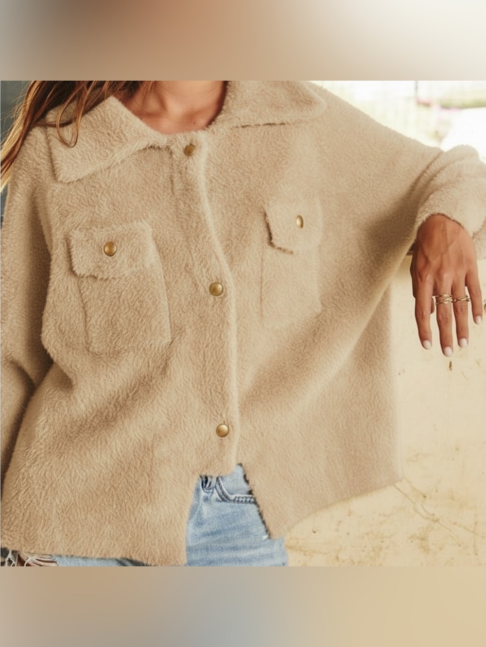 BUCKETLIST Frankie Eyelash jacket. Size Large. Light tan/camel. Like New!